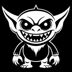 Obraz premium Evil gremlin character illustration, black and white, mischievous monster design