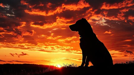 Silhouette of a dog at a breathtaking sunset, with an intense, spiritual sky, honoring the emotional bond with a departed pet