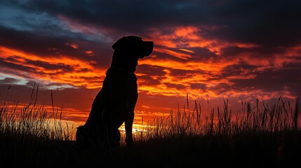 Silhouette of a dog at a breathtaking sunset, with an intense, spiritual sky, honoring the emotional bond with a departed pet
