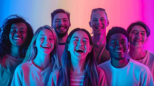 group of people with neon lights reflecting on their faces