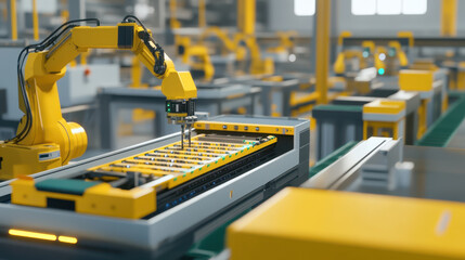 Automated assembly line with sensors performing real time tasks, showcasing advanced robotics and precision engineering in modern industrial setting