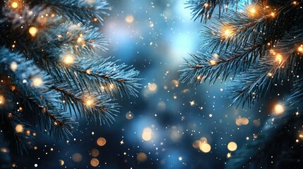 Fototapeta premium Sparkling blue pine needles and softly glowing stars in a wintery, enchanting Christmas background, evoking holiday wonder