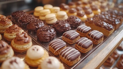 Close-Up of Chocolate-Covered Pastries in an Italian Bakery Display Case with Warm Lighting and Soft Focus

