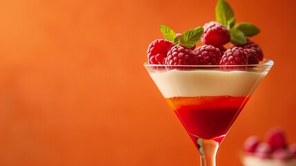 Vanilla panna cotta with raspberry served in a glass food on orange background