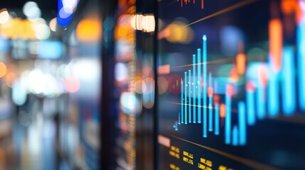 Fototapeta premium A close-up of a digital screen displaying a line graph with fluctuating interest rates, set against a blurred background of financial charts and economic indicators. monetary policy,quantitative easin