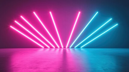 Vibrant neon lights in pink and blue create a dynamic atmosphere. Ideal for tech, music, or party themes.