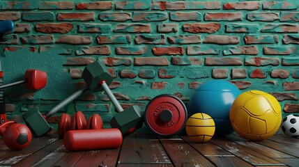 Various sport equipment on floor in front of brick wall on green background