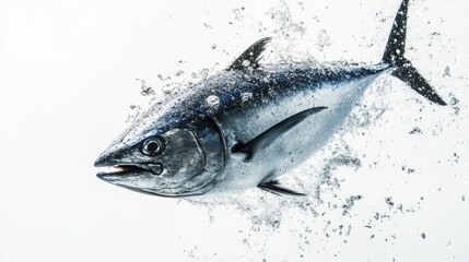 Obraz premium Tuna fish mid-leap, suspended in motion with water droplets around it, isolated on a pristine white backdrop.