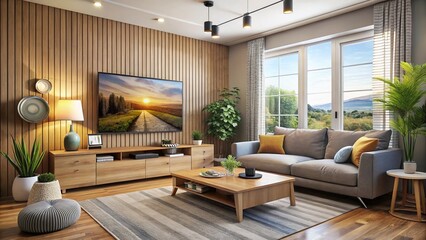 A plush couch invites relaxation in a warmly lit sitting room, where stylish decor and modern technology blend