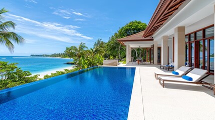 Fototapeta premium Luxury beachfront villa with infinity pool overlooking ocean