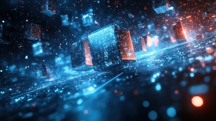 Obraz premium Abstract digital landscape with glowing data blocks and particles.