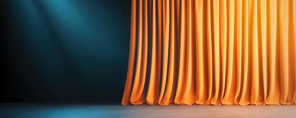 A vibrant orange curtain drapes gracefully, illuminated by soft lights, creating a dramatic...