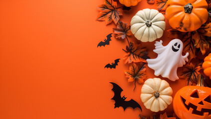 halloween card with party decorations of pumpkins bats spiders ghosts on orange background with copyspace