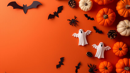 halloween card with party decorations of pumpkins bats spiders ghosts on orange background with copyspace