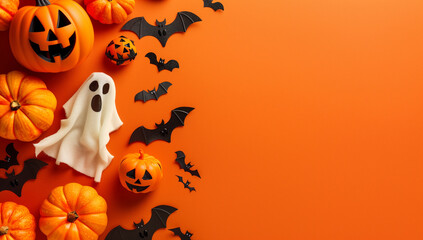 halloween card with party decorations of pumpkins bats spiders ghosts on orange background with copyspace