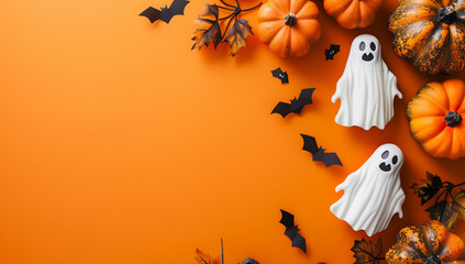 halloween card with party decorations of pumpkins bats spiders ghosts on orange background with copyspace