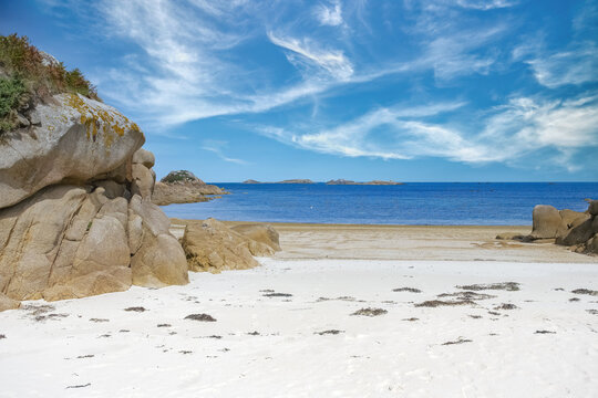 Callot island in Brittany, Finistere, beautiful beach in a creek, sunny day
