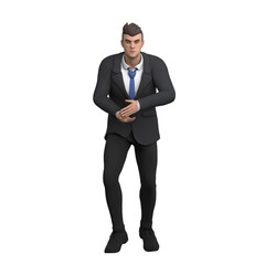 3D Male Lawyer Working. A male lawyer stands with his hands clasped together, as if focused and ready to give instructions. Legal Services Cartoon