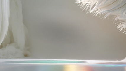 White background with curled corners, light rays, white feathers, and blank space for business presentation