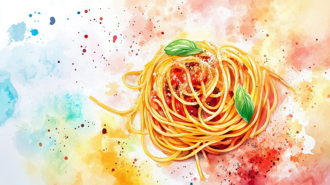 Spaghetti with tomato sauce and basil leaves on a white background. Watercolor illustration. Delicious pasta with cheese. National Spaghetti Day. Horizontal banner. Copy space. Italian food - Powered by Adobe