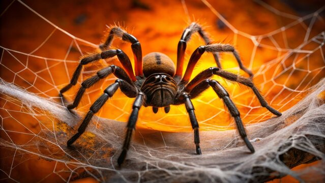 As dusk falls, a spider with an unnerving appearance creeps along a spider web, its legs moving with