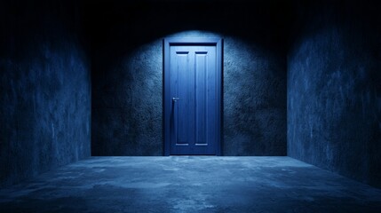 Obraz premium Mysterious Blue Door Illuminated in a Dark Room