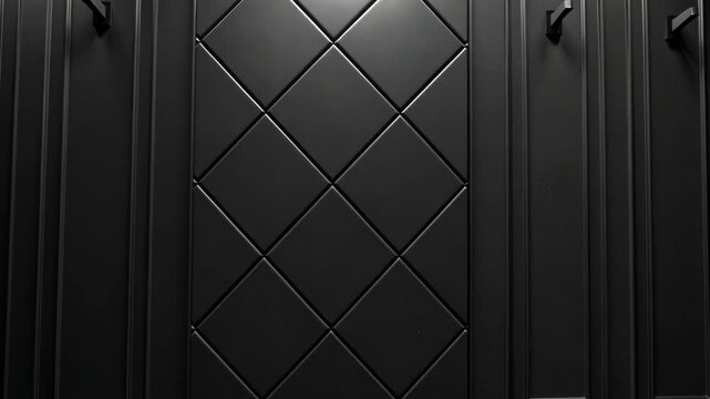 A stylish black hallway with textured wall panels and coat hooks in an elegant interior design setting