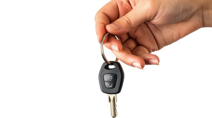 Hand holding car keys on transparent background
