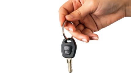 Hand holding car keys on transparent background