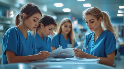 Obraz premium Medical Team Reviewing Patient Records in Hospital. Group of healthcare professionals in scrubs carefully reviewing medical documents in a hospital setting.