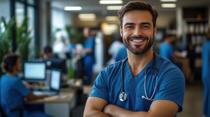 Obraz premium Happy Doctor with Stethoscope in Medical Office. Cheerful doctor with a stethoscope smiles in a bright medical office, representing professionalism and excellent healthcare services.