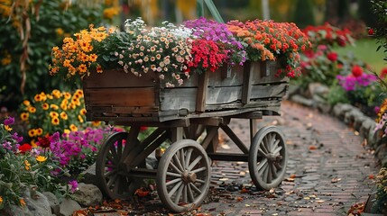 Wooden cart with flowers in landscape design close up colorful flowers in baskets landscape design in country style for gardens and parks