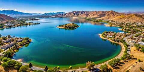 Obraz premium Aerial view of a serene crystal clear lake nestled along the Riverside County of Lake Elsinore California, California, vacation, beauty, reflection, nature, destination, peaceful