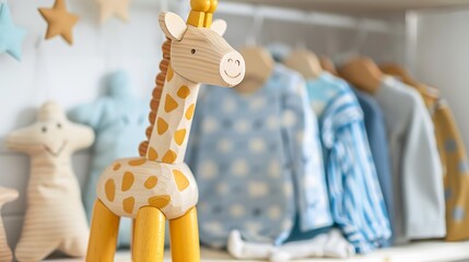 Wooden toy giraffe near baby clothes on the shelf in the kids room selective focus on the toy