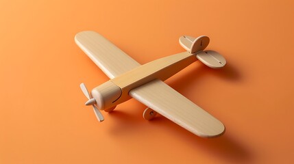 Wooden toy airplane for childrens games vintage retro style isolated on orange background