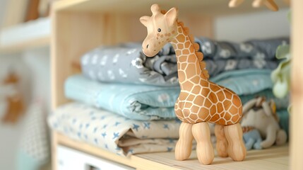 Obraz premium Wooden toy giraffe near baby clothes on the shelf in the kids room selective focus on the toy