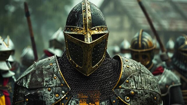 Medieval knights gather for battle training in a foggy forest setting during the early morning hours
