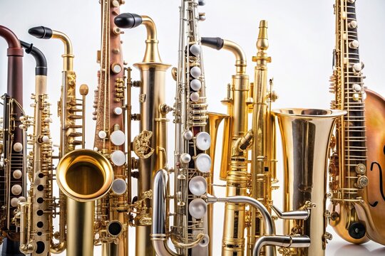 A close up view of various wind musical instruments such as saxophone trumpet flute clarinet oboe and more arranged in a neat row isolated on a white background photographed from a worm s eye view