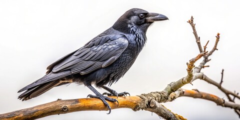 Obraz premium A sleek black raven stands sentinel on a stark tree branch, its glossy feathers a striking contrast to