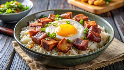 Filipino, egg, spicy, caramelized, breakfast, A delicious Filipino breakfast bowl filled with caramelized fried spam topped with spicy dijon mustard rice and a perfectly cooked egg