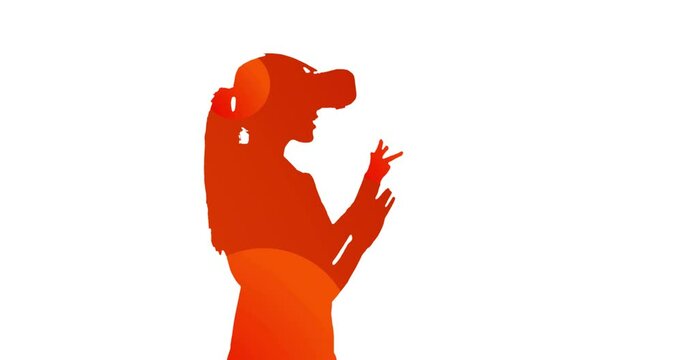 Animation of silhouette of woman using vr headset over red shapes on white background