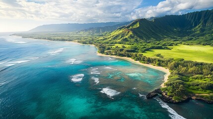Fototapeta premium An aerial view of Hawaii Loa Valley, showcasing its beach and reef in Hawaii.