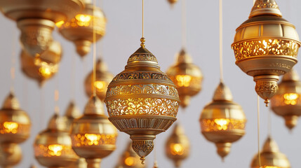 Ornate golden hanging lanterns with intricate designs illuminated softly against a neutral background, creating a warm ambiance