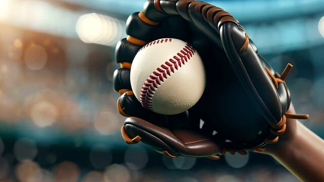 Glove catching a baseball, stadium in background, Digital illustration