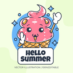 Summer greeting with ice cream kawaii character vector illustration