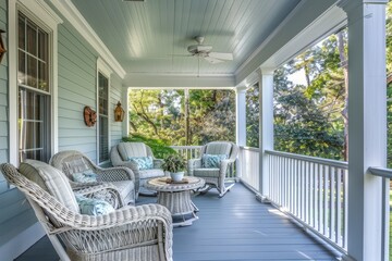 Fototapeta premium Large front porch with white wicker furniture, gray flooring, light blue walls, and glass windows, creating a relaxed atmosphere for socializing in warm weather.