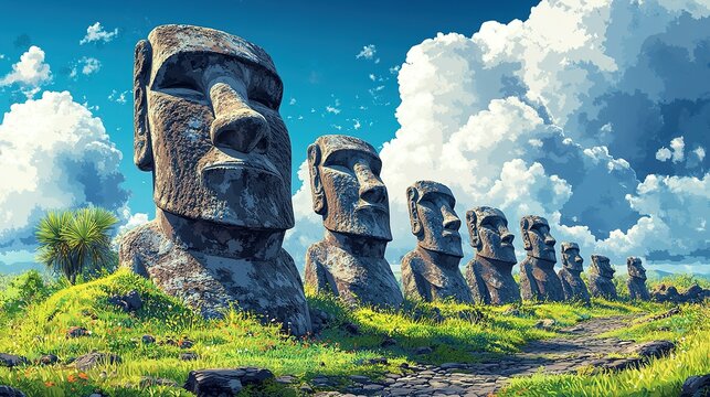 A Row of Moai Statues on Easter Island