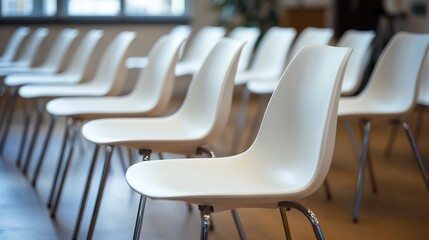 Rows of white plastic conference chairs in an empty business room, designed for corporate presentations and meetings. The image focuses on the details and comfort of the seats.