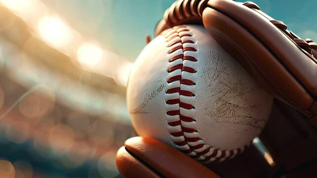 Glove catching a baseball, stadium in background, Digital illustration