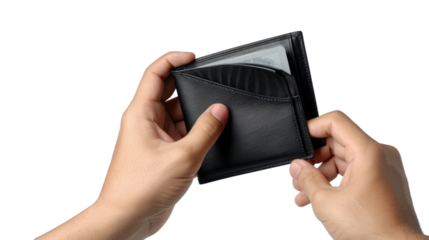 Empty black wallet in hands on transparent background